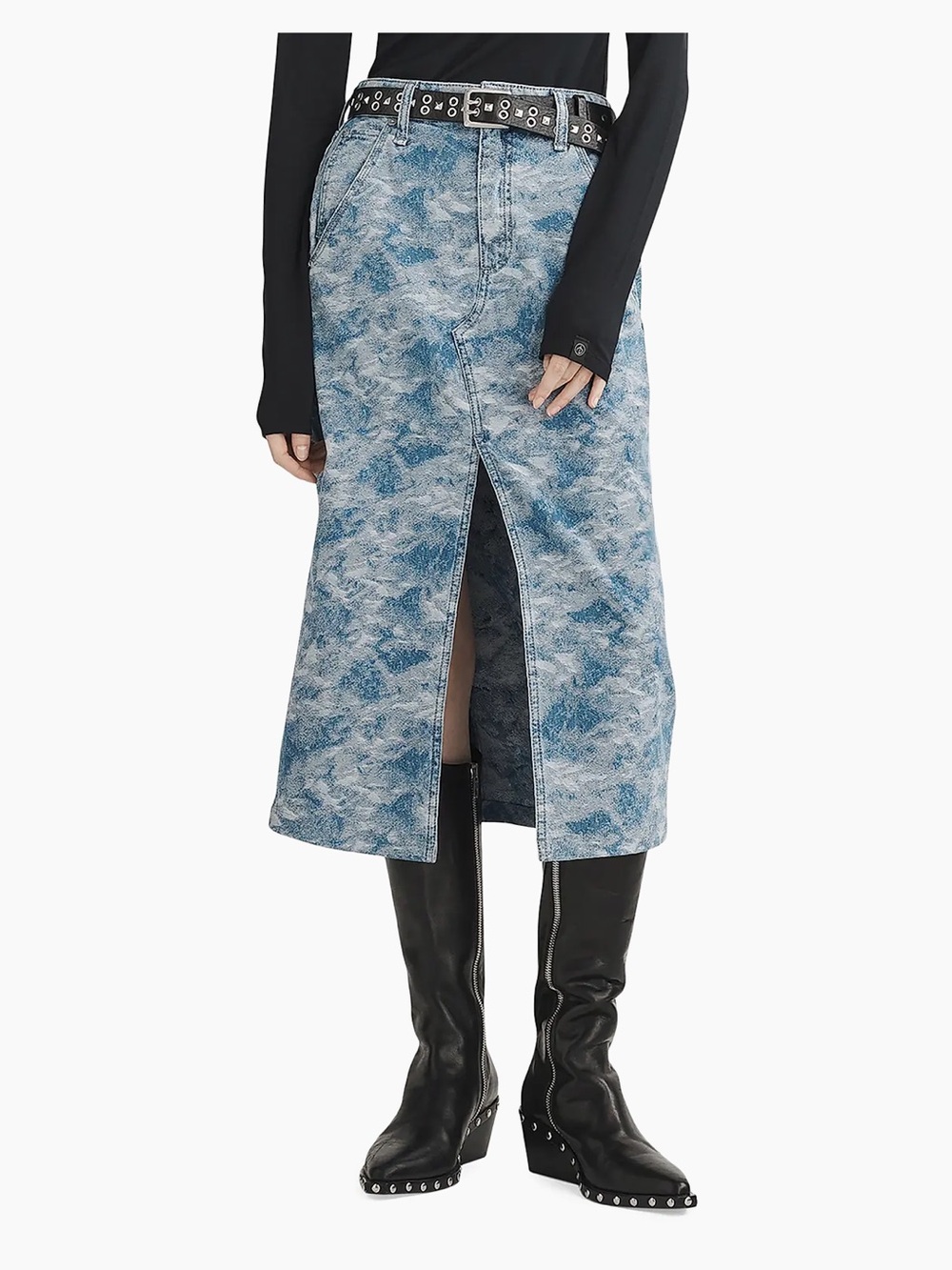 rag & bone Blue Acid-Wash Front-Slit Midi Skirt